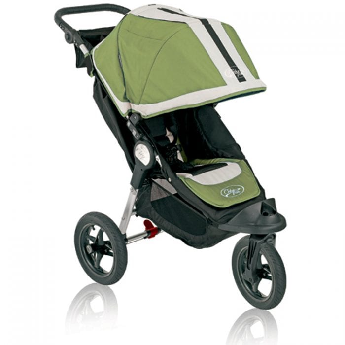 Select Stroller: A modern baby jogger stroller with a sleek green and grey design is highlighted against a neutral background, showcasing its three-wheel configuration and spacious canopy.