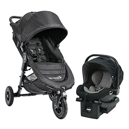 Select Stroller: A complete travel system featuring a black baby jogger stroller paired with a matching car seat, designed to offer a seamless transition for a baby from driving in the city to strolling along city sidewalks.
