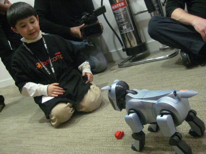 A kid is playing with an electronic dog. 