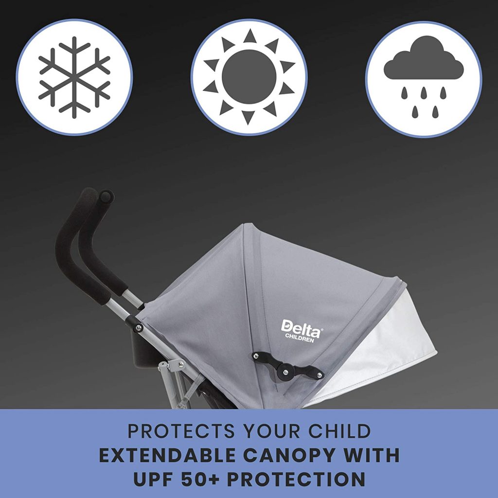 A stroller with a Delta sign featuring its extendable canopy with UPF 50+ protection