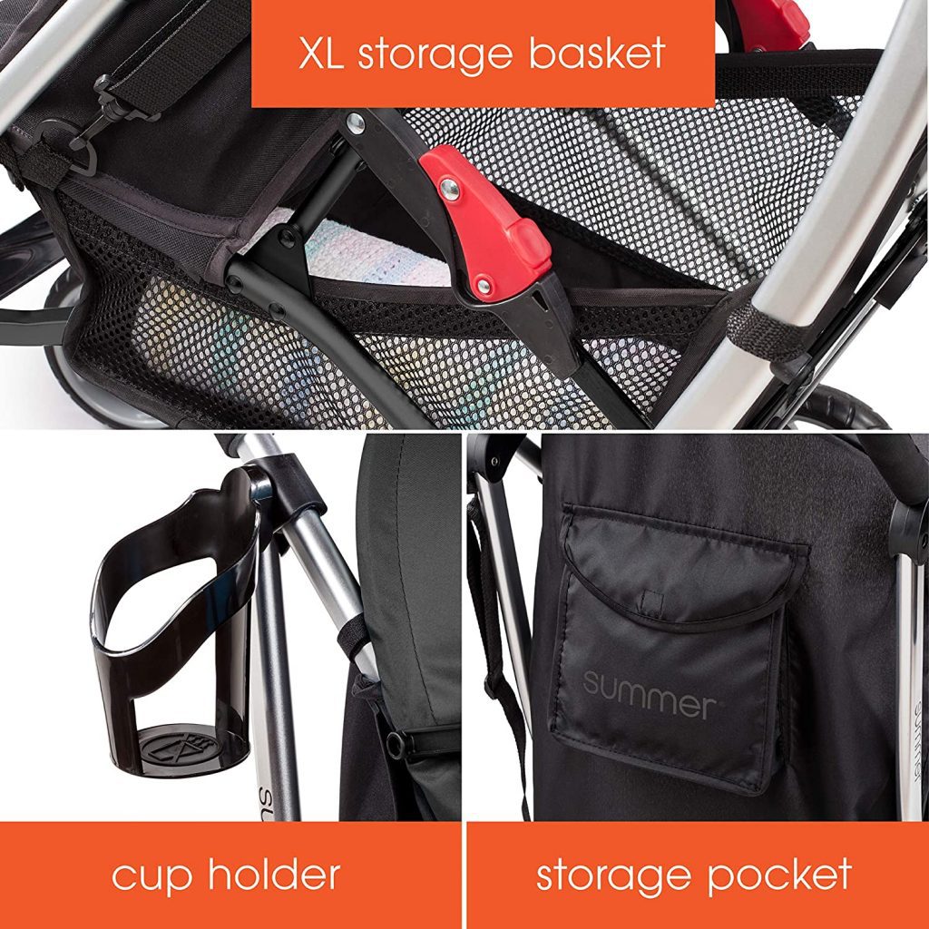 A stroller with an XL storage basket, cup holder, and storage pocket