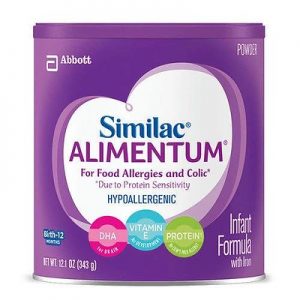 A can of Similac Alimentum hypoallergenic infant formula by Abbott, for food allergies and colic because of protein sensitivity. The packaging highlights ingredients such as DHA, vitamins, and protein.